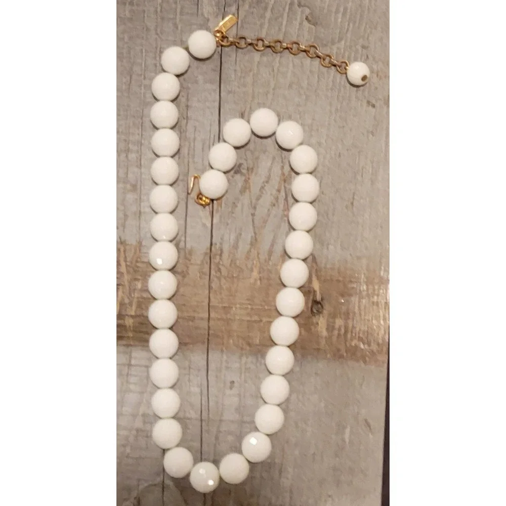 Vintage‎ Monet White Disco Ball Beaded Necklace Gold Tone signed 18